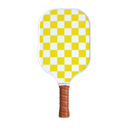 Sunrise Key yellow checker and stripe pickleball paddle by Coastal Athletic