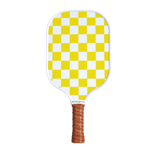 Sunrise Key yellow checker and stripe pickleball paddle by Coastal Athletic
